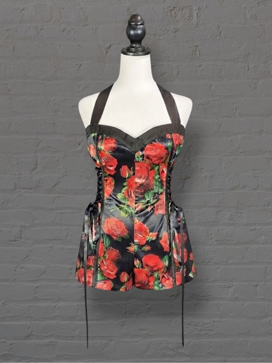 Dolls Kill Pants - Dolls Kill Sugar Thrillz Romper Black Red Rose Floral Corset Halter Goth L NWOT
